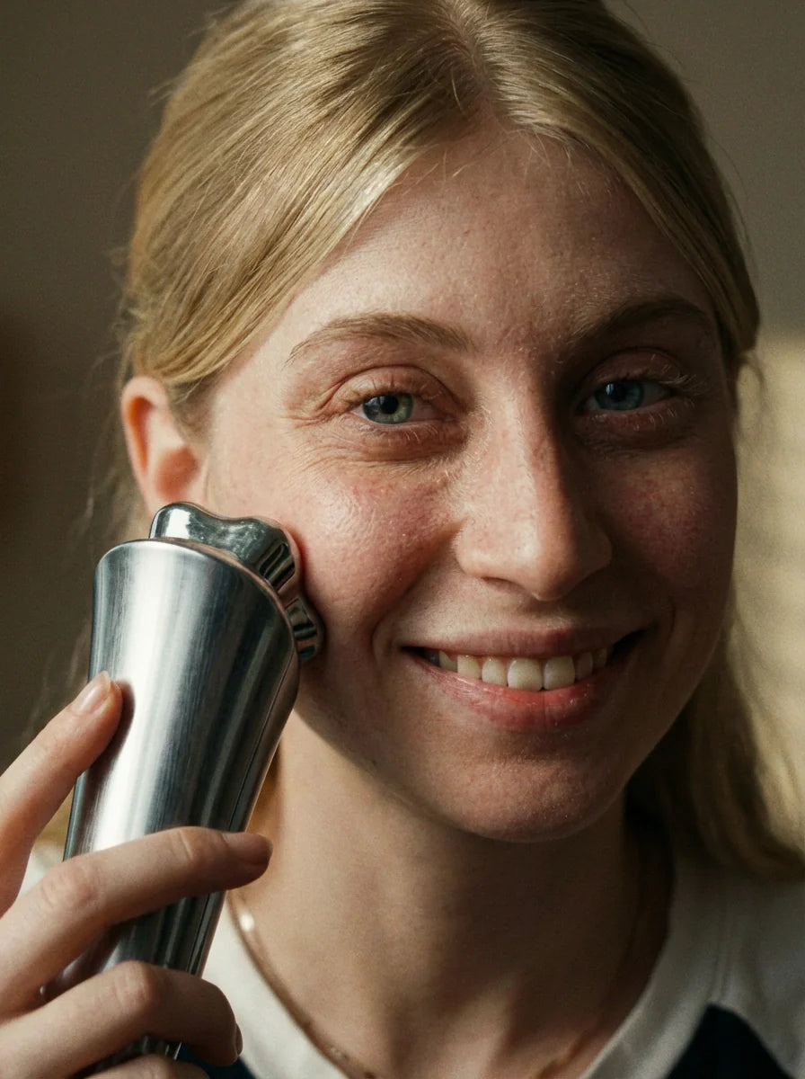 Woman smiling while using a skincare tool for her Beauty & Personal Care routine.