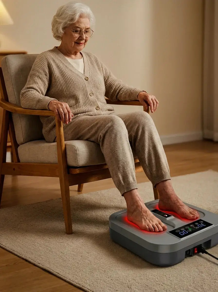 Senior woman enjoying a foot massage with a sleek device in her cozy living room, showcasing comfort and relaxation.