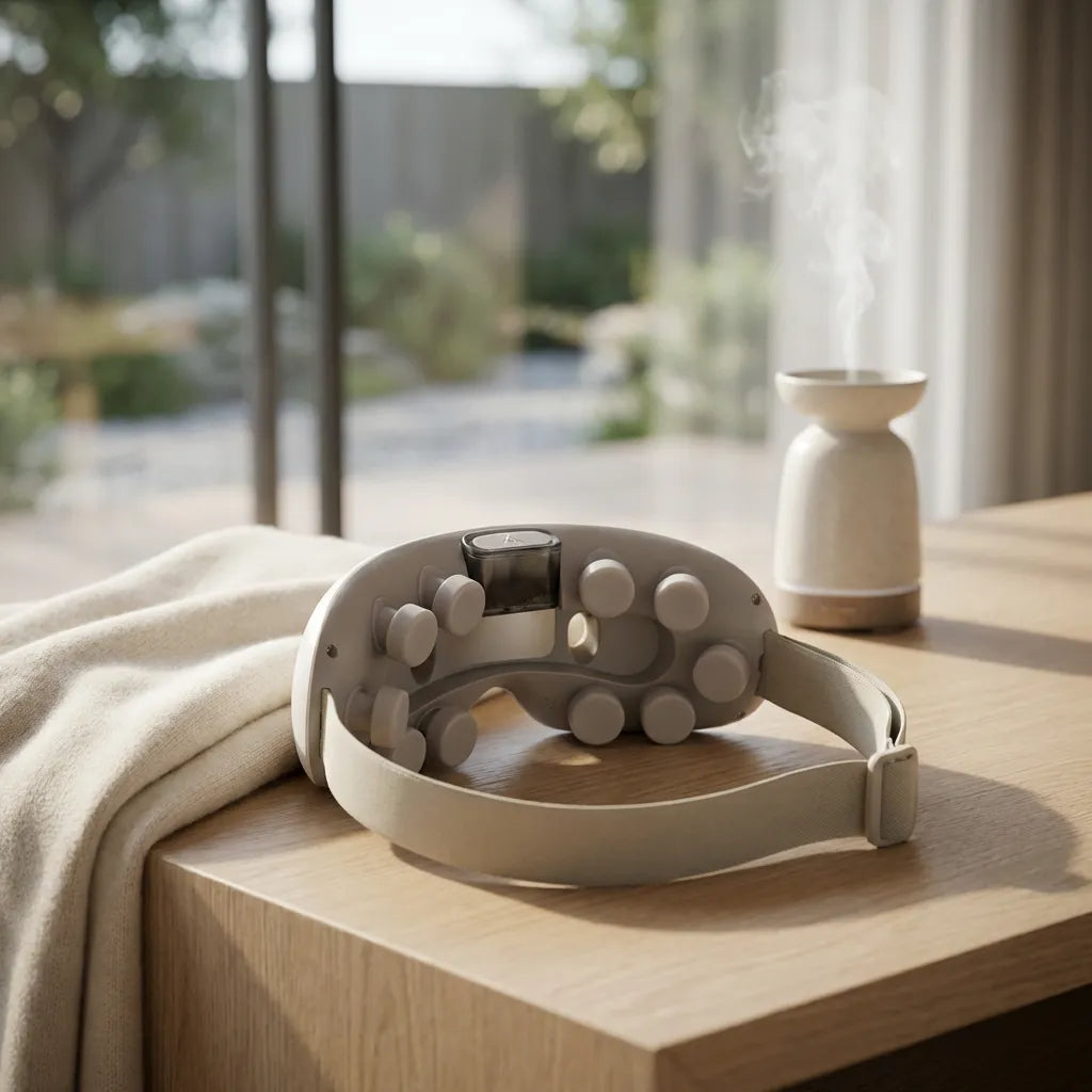Auri 3D Steam Eye Massager resting on a wooden table next to a cozy blanket and a steaming mug.