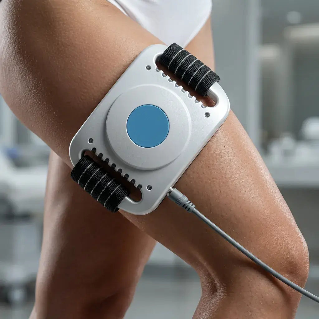 Close-up of the CryoPad-X Cryo Sculpt Device applied to the thigh for targeted body sculpting.