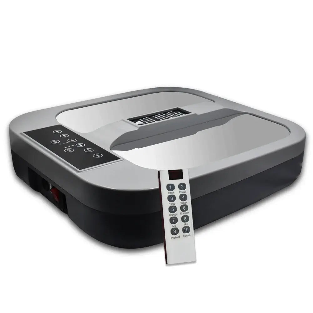 Biomax Fusion device showcasing dual technology for deeper relief and full-body comfort with remote control.