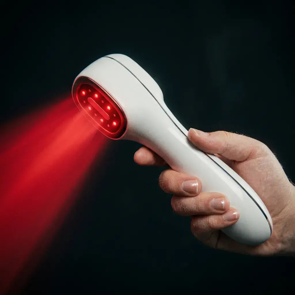 Person holding the Dernox Pro Cold Laser + TENS device emitting red light for muscle relief.