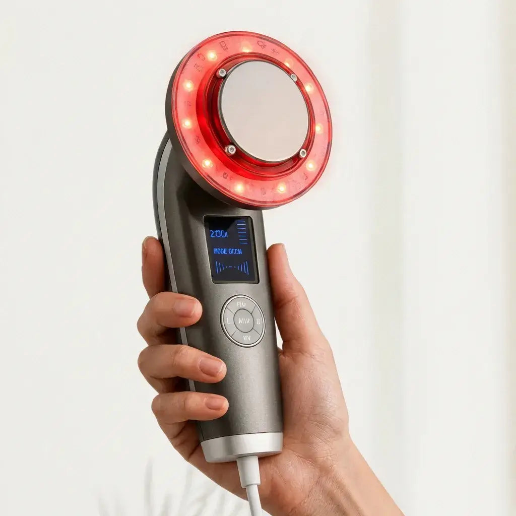 Halipax BodySculptor 8-in-1 handheld device featuring a circular red light and digital display for skincare.