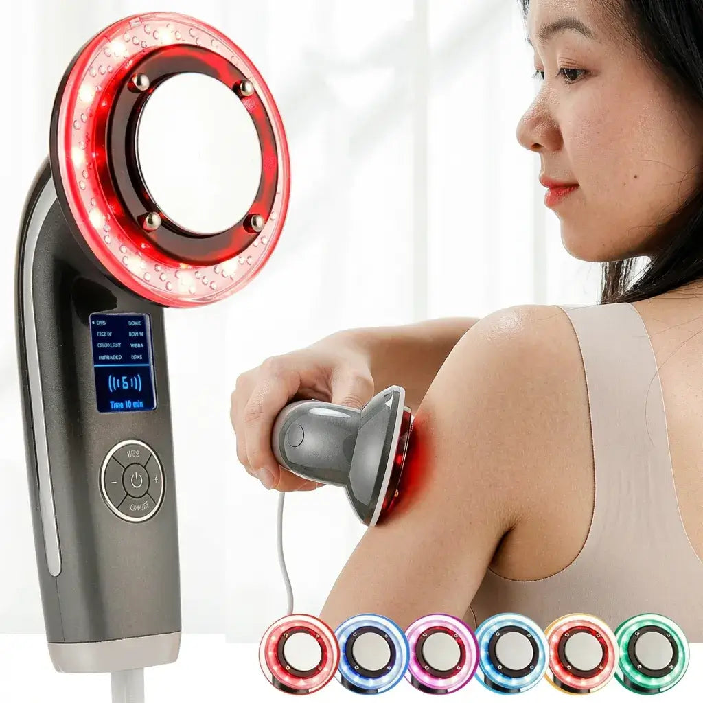 Halipax BodySculptor 8-in-1 device being used on the arm, with glowing lights and digital display.