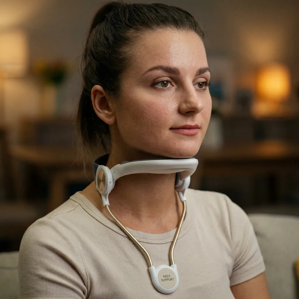 Cerviocare Neck Support Wear shown on a woman providing a secure fit for gentle neck support.
