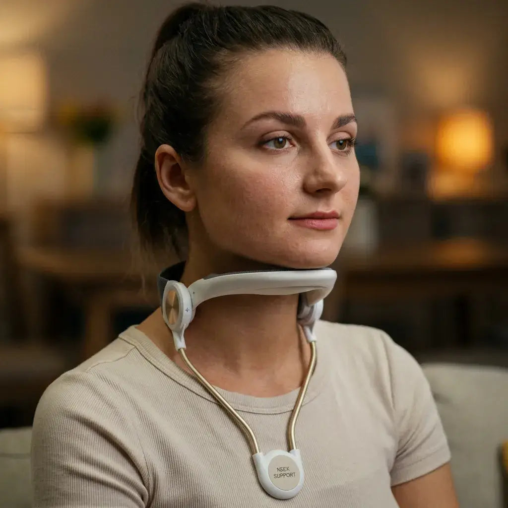 Cerviocare Neck Support Wear shown on a woman providing a secure fit for gentle neck support.
