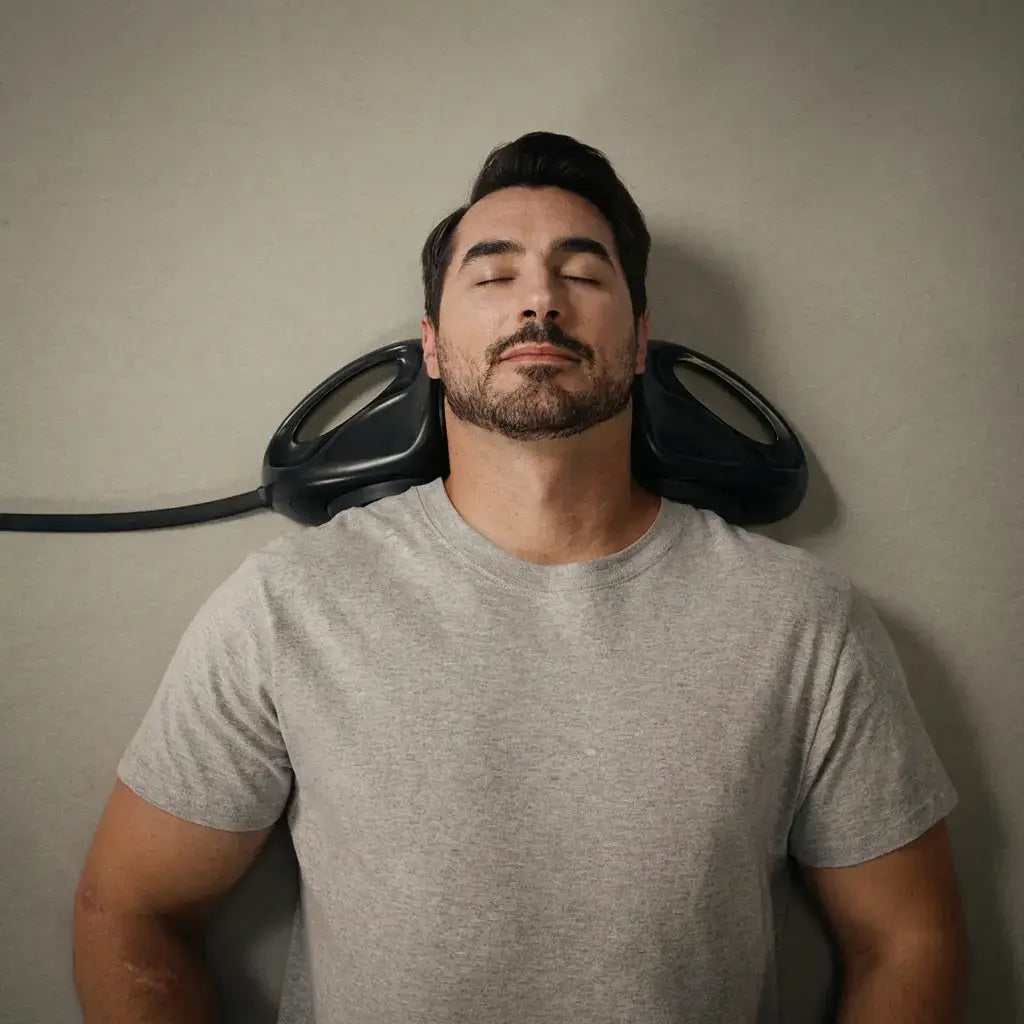 Man using the CerviPro Neck Comfort Device for relaxation, lying back with eyes closed and a calm expression.