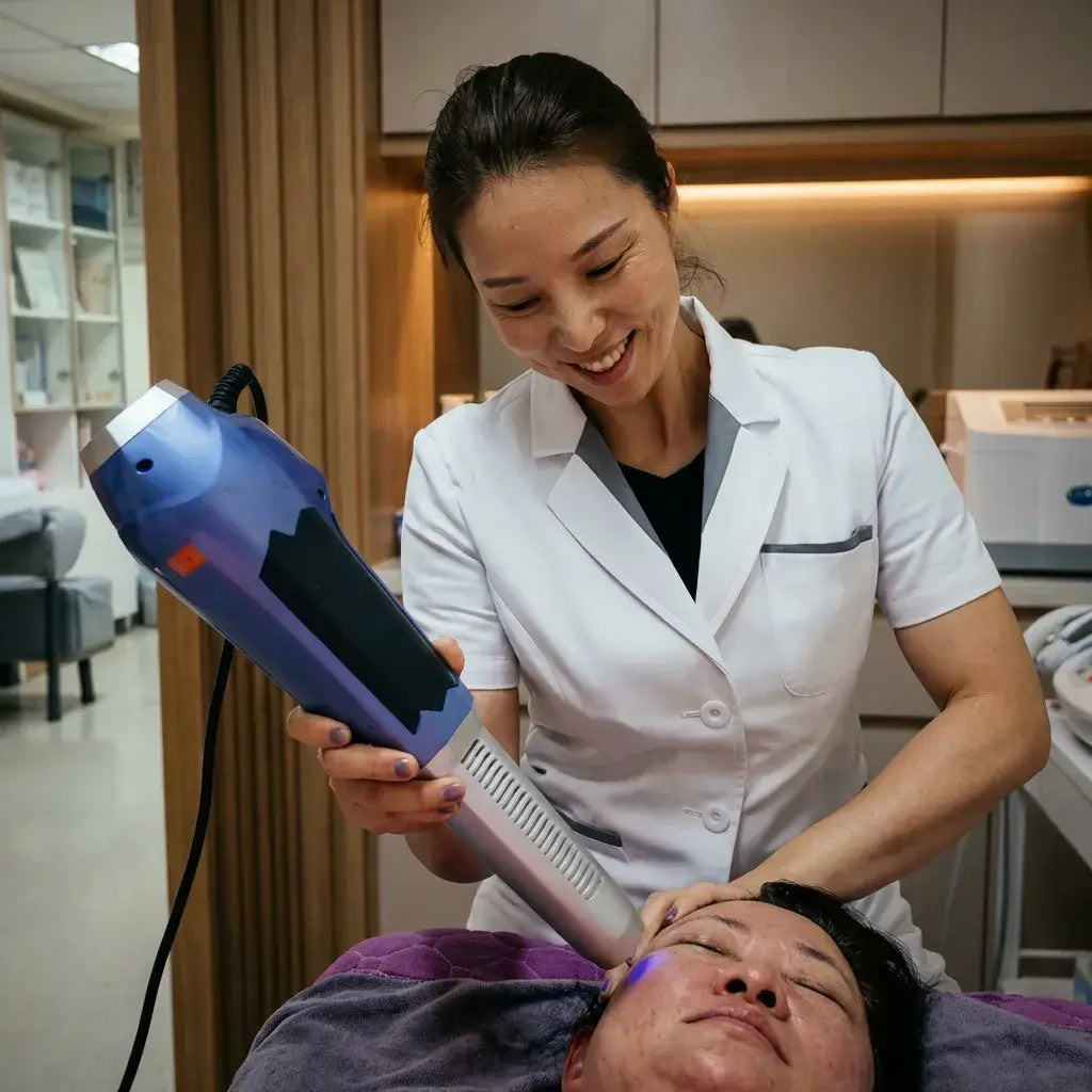 A professional using the Biomax Pro Wand on a client's face to enhance relaxation and rejuvenation.