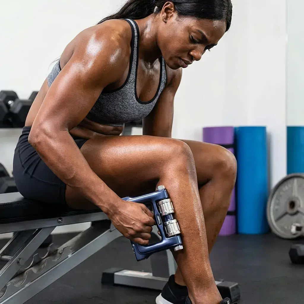 Woman using Fitdash Pathfinder Roller on her leg while sitting on a gym bench in workout attire.