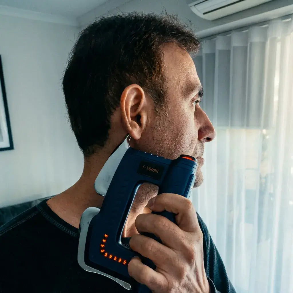 Man using the Fitdash Blade Massage Tool on his neck, showcasing its ergonomic design and features.