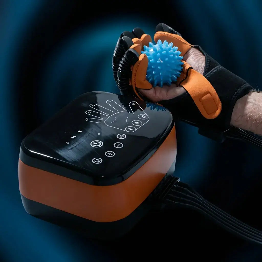 Person using Sentinex Robotic Wellness Glove for hand exercises with a guided training device.