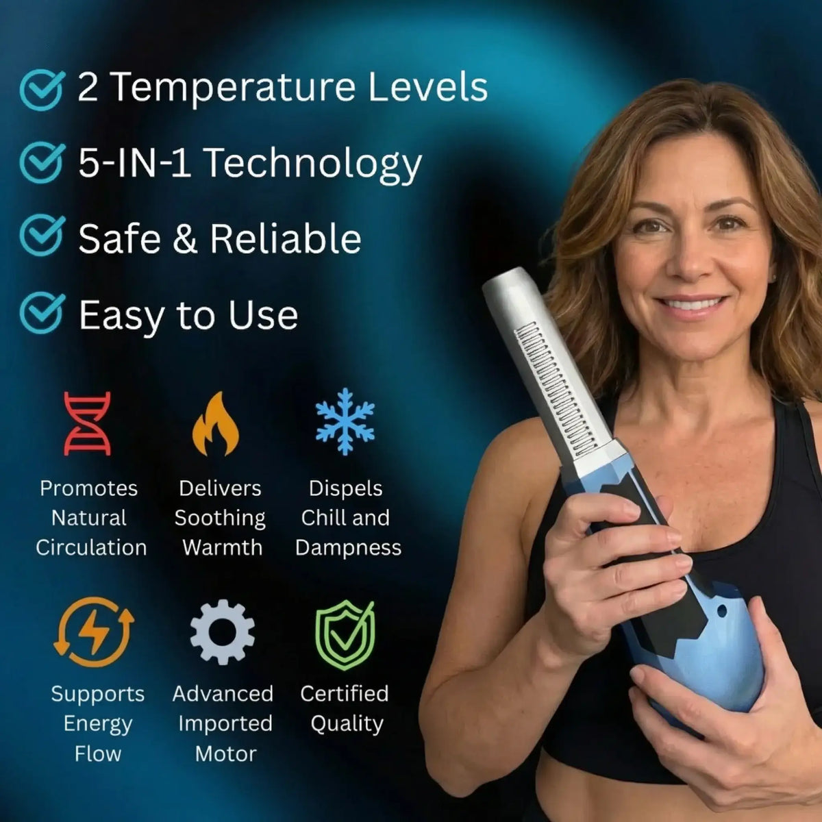 A woman holding the Biomax Pro Wand, showcasing its sleek design and features like temperature levels and 5-in-1 technology.