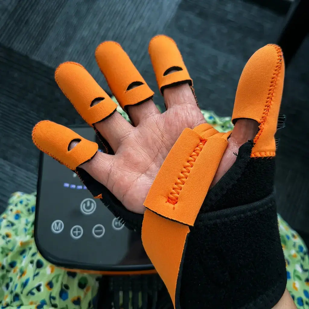 Close-up of a hand wearing the Sentinex Robotic Wellness Glove, designed for mobility and rehabilitation.