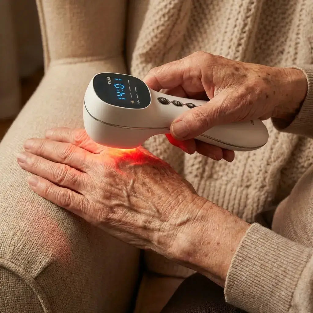 Person using Dernox Pro Cold Laser + TENS on their wrist for muscle relaxation.