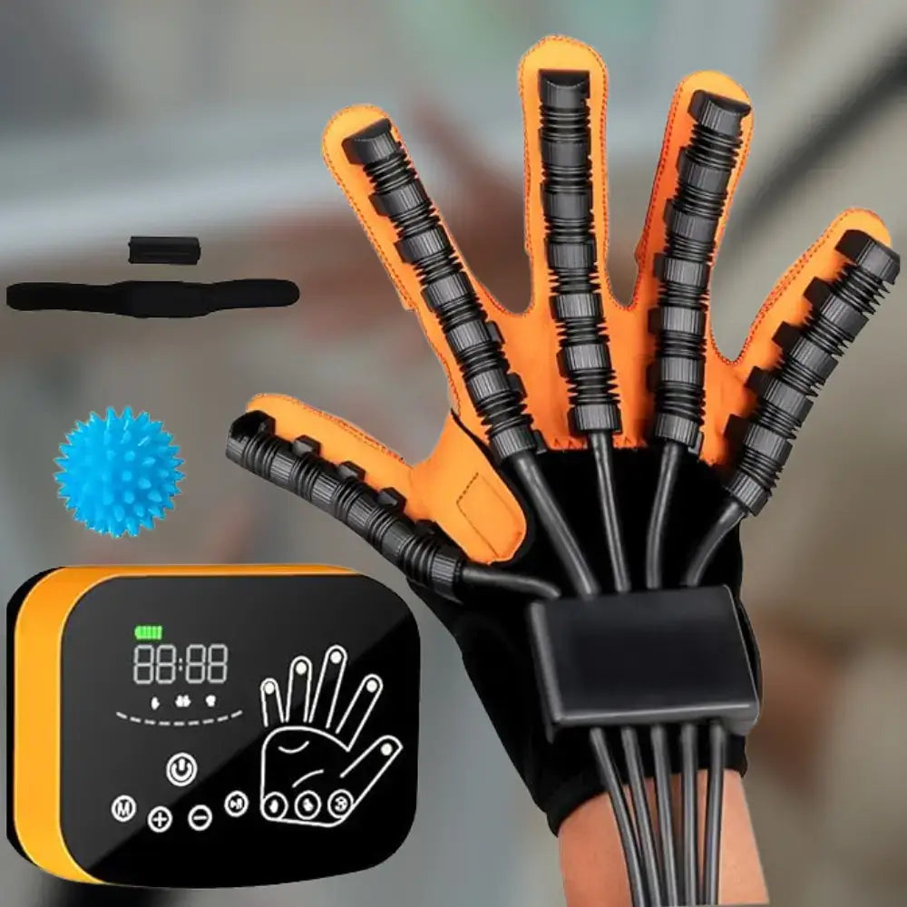 Image of Sentinex Robotic Wellness Glove with structured fingers, a control panel, and exercise accessories for rehabilitation.