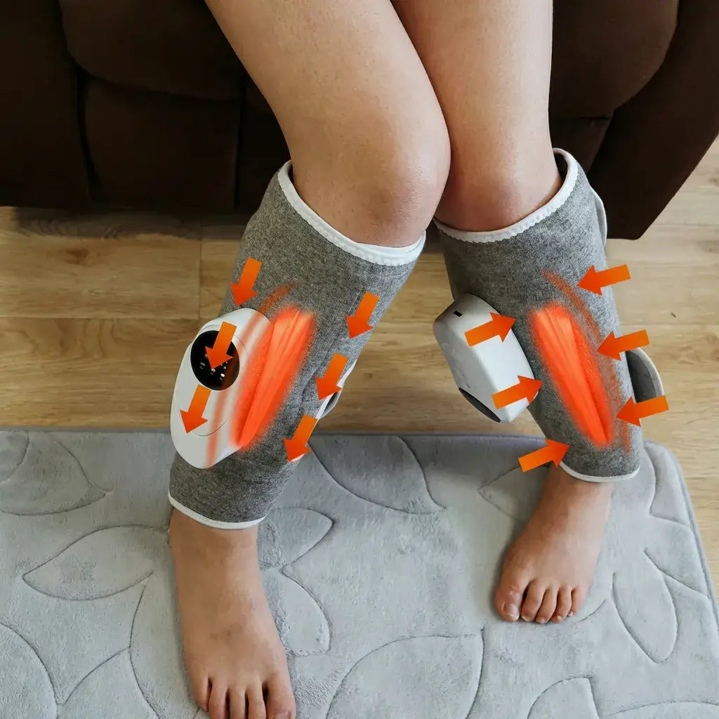 Person using Halipax Calf Massager on their legs, showing heating elements and design on a rug.
