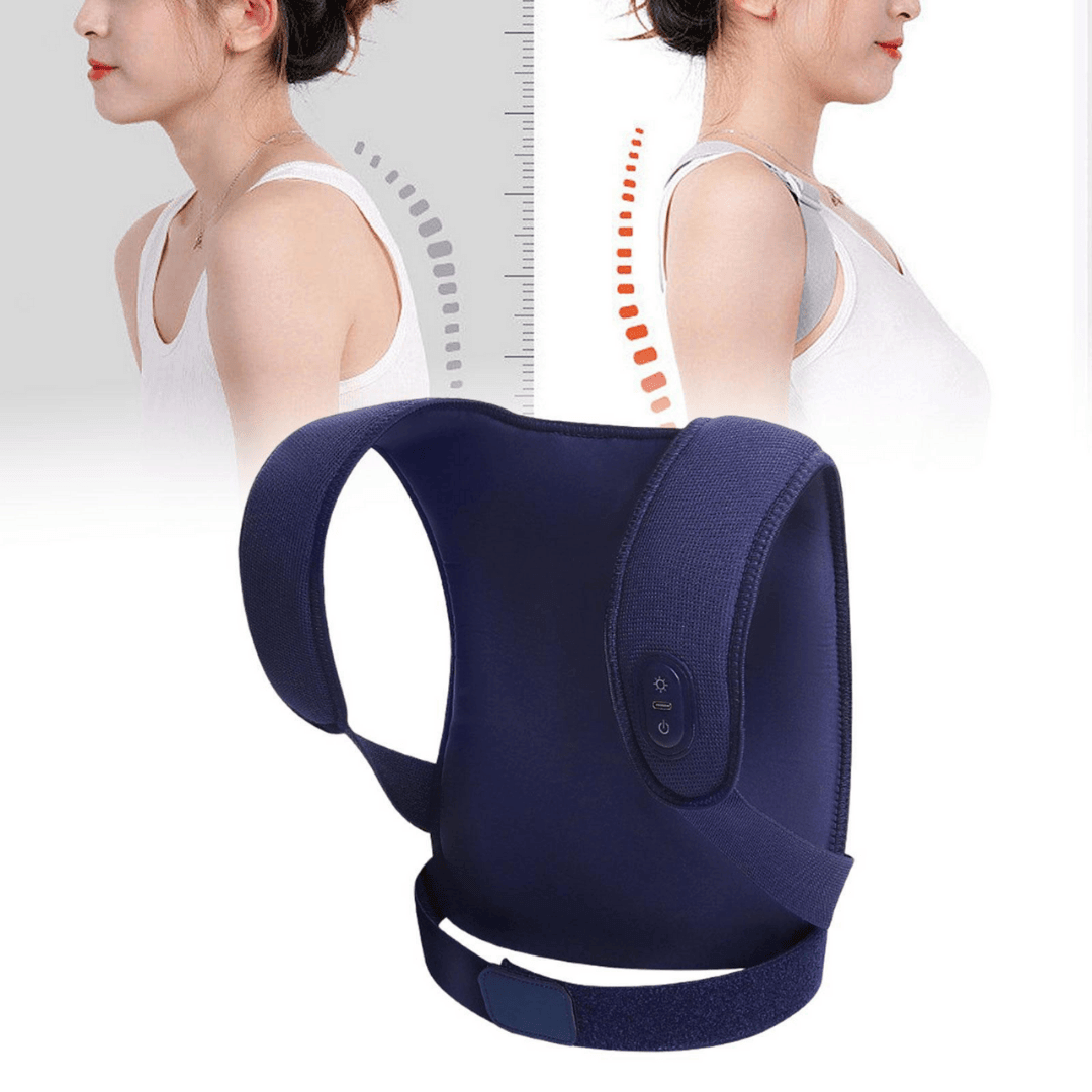 AlignPro Wearable Massager on display with adjustable straps and control panel, highlighting shoulder support features.