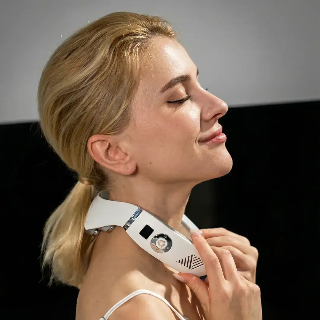 Woman enjoying comfort with the Asmenix Smart Neck Massager around her neck, eyes closed in relaxation.