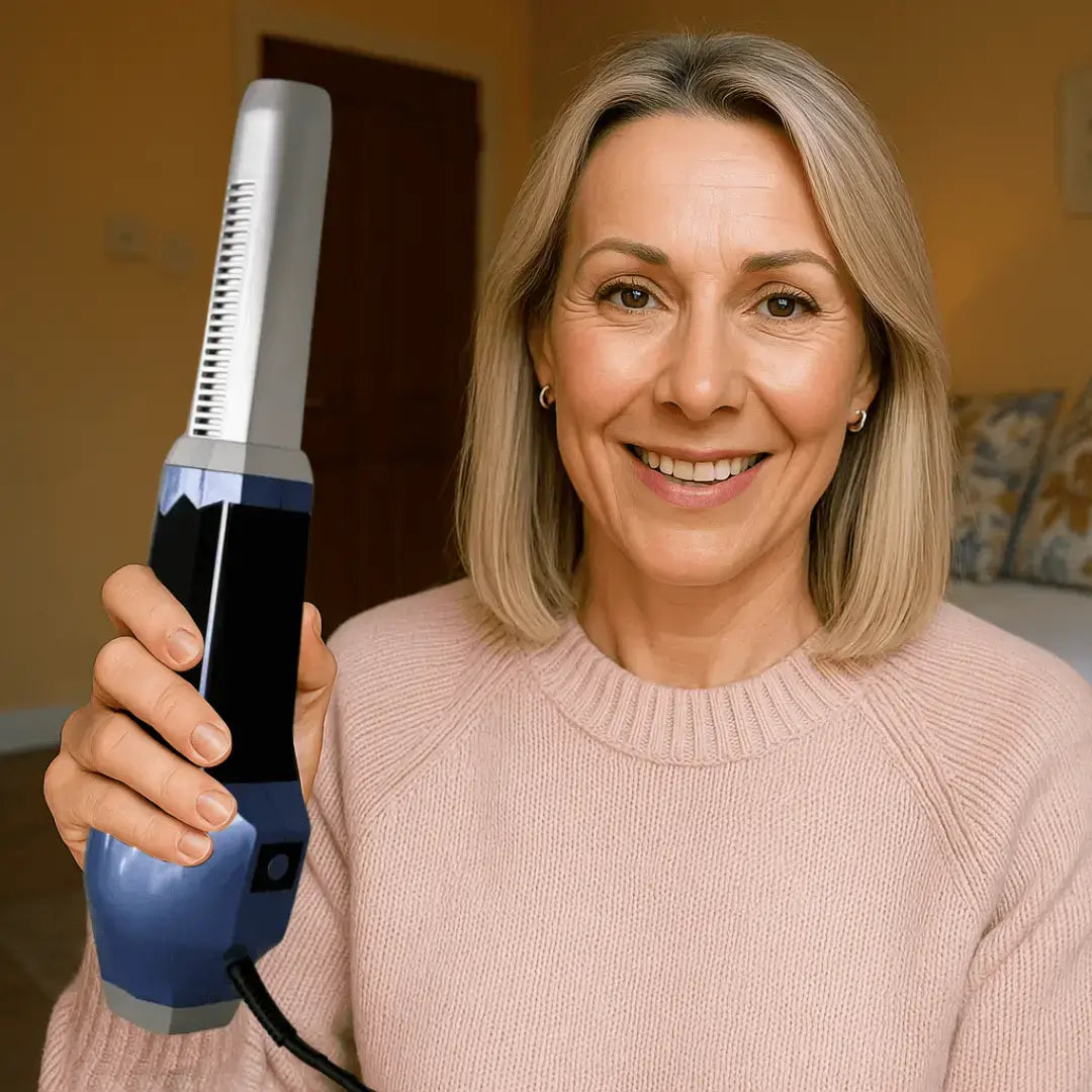 A woman in a cozy sweater holding the Biomax Pro Wand, smiling in a well-lit room with a warm atmosphere.