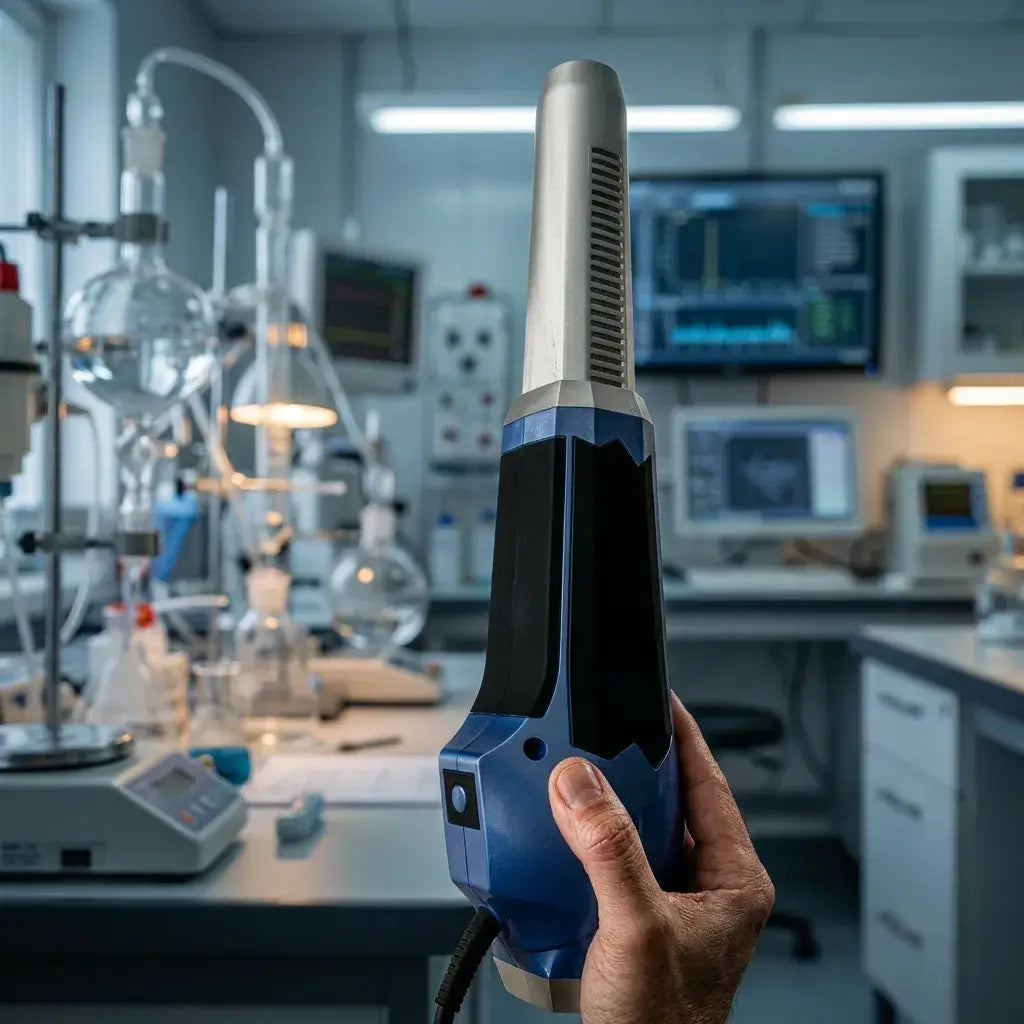 Close-up of a person holding the Biomax Pro Wand in a laboratory setting with scientific equipment in the background.