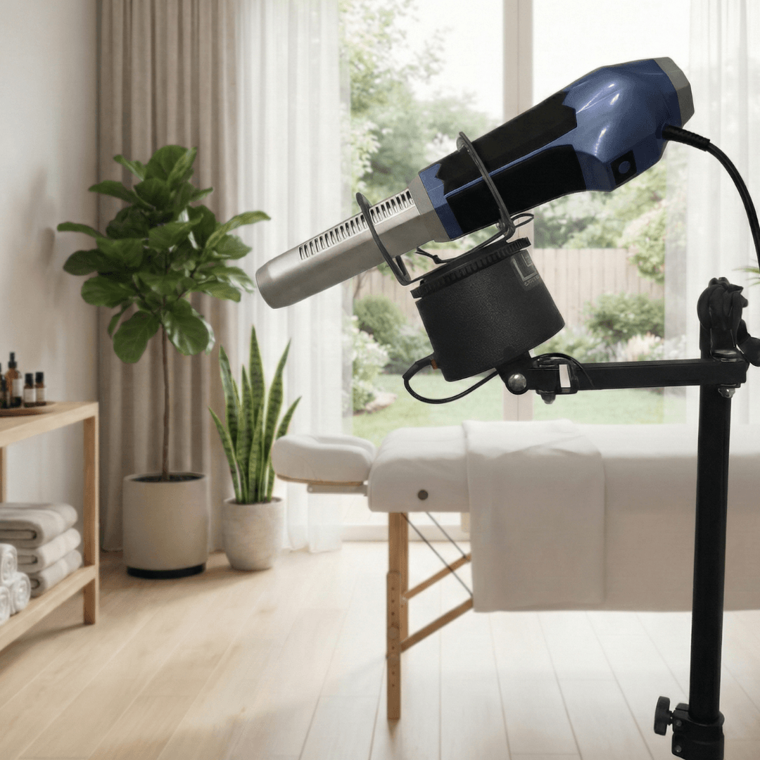 Biomax Motorized Stand positioned for hands-free use in a bright, inviting spa setting.