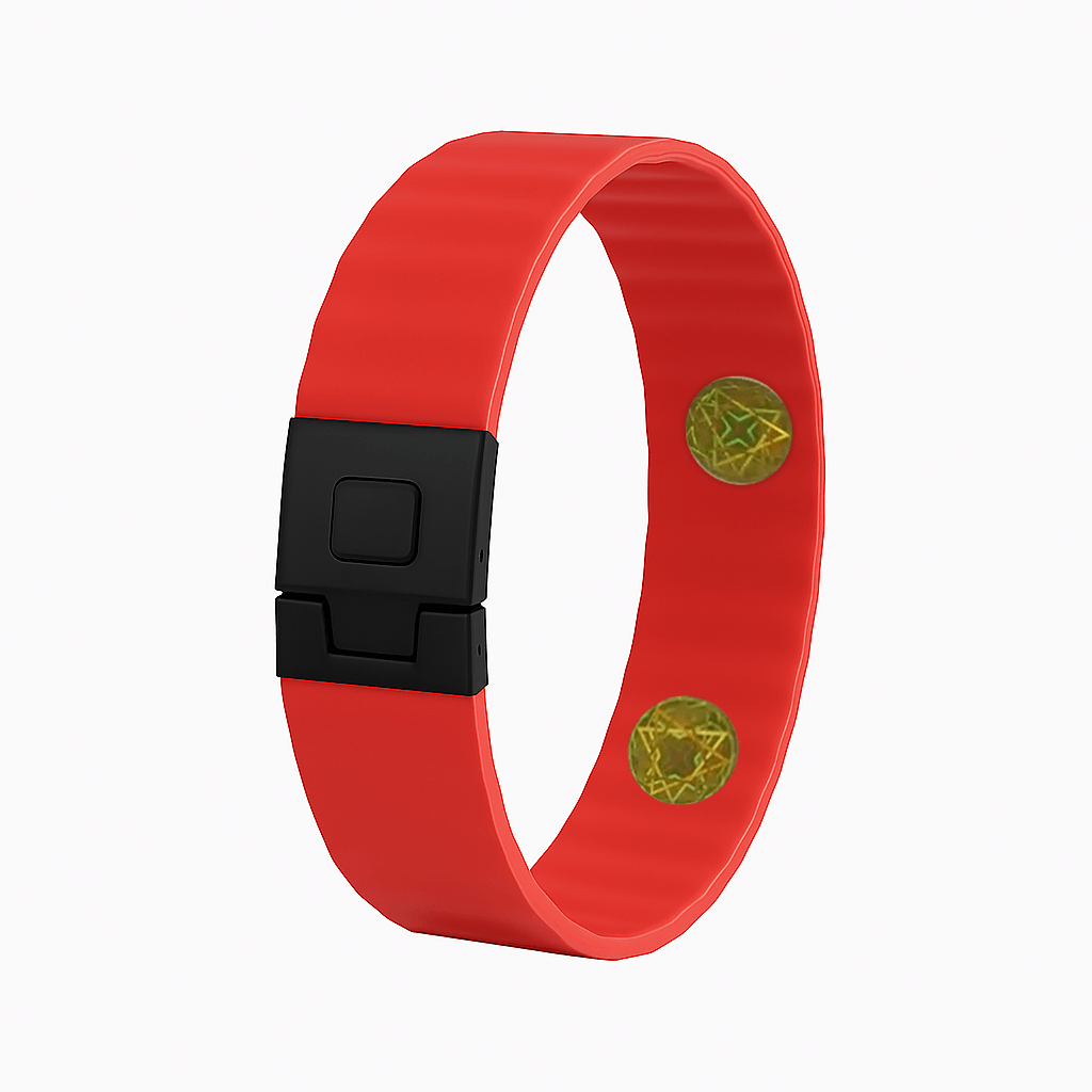 Red wristband with black buckle and gold emblem on a white background
