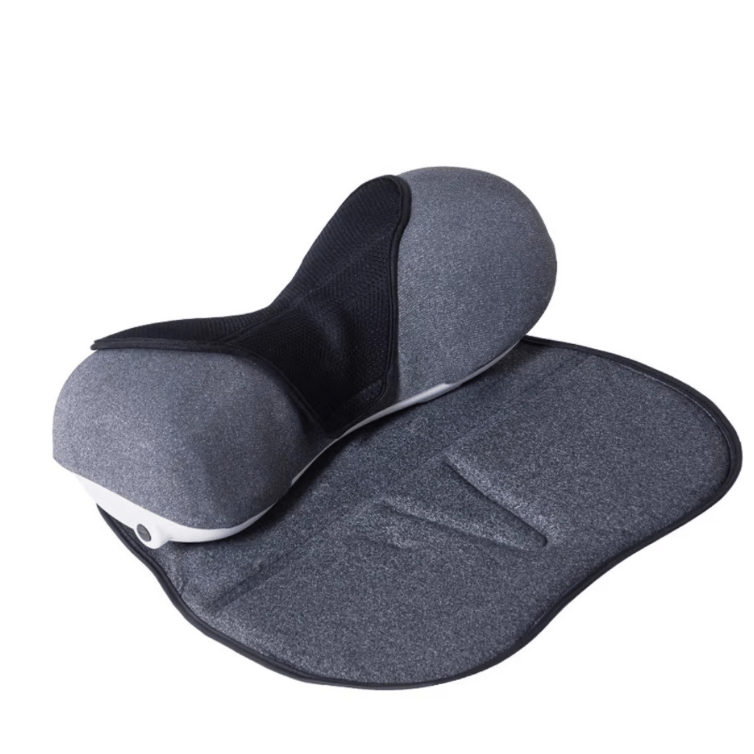 CerviCloud Neck Stretch Pillow in gray fabric, featuring a supportive shape and soft texture, laid on a black mat.