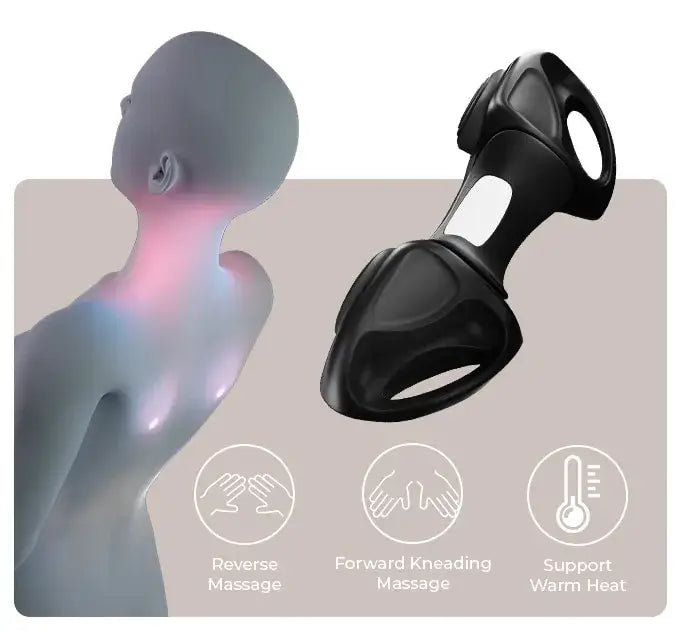 CerviPro Neck Comfort Device shown with massage features and a silhouette of a person enjoying neck relief.