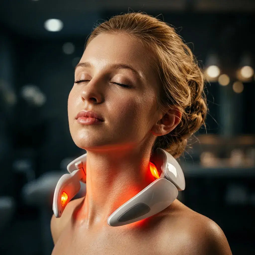 Woman using CerviShine Laser Neck Device with a serene expression and red light illuminated on her neck.
