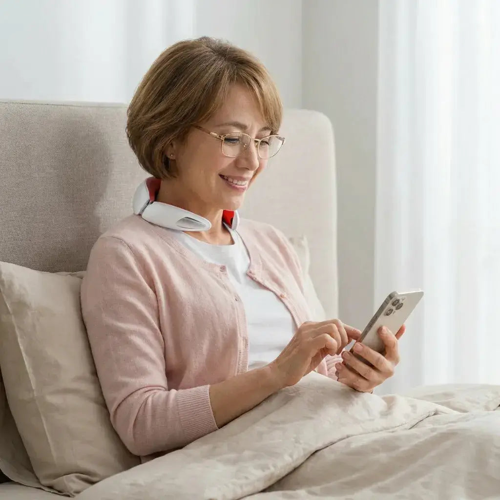 Person using CerviShine Laser Neck Device while sitting comfortably on a bed, smiling and looking at a smartphone.