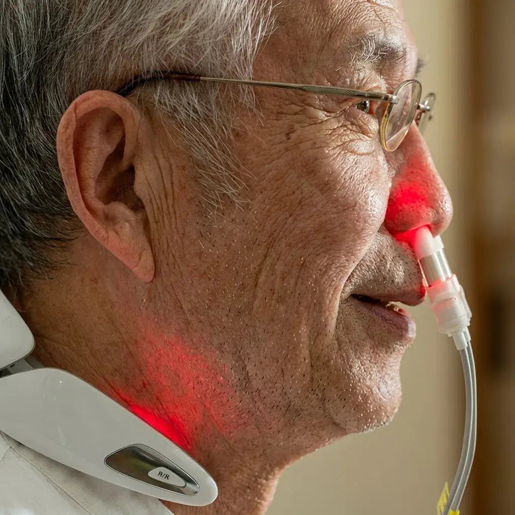Man using CerviShine Laser Neck Device with red light therapy on neck and facial area.