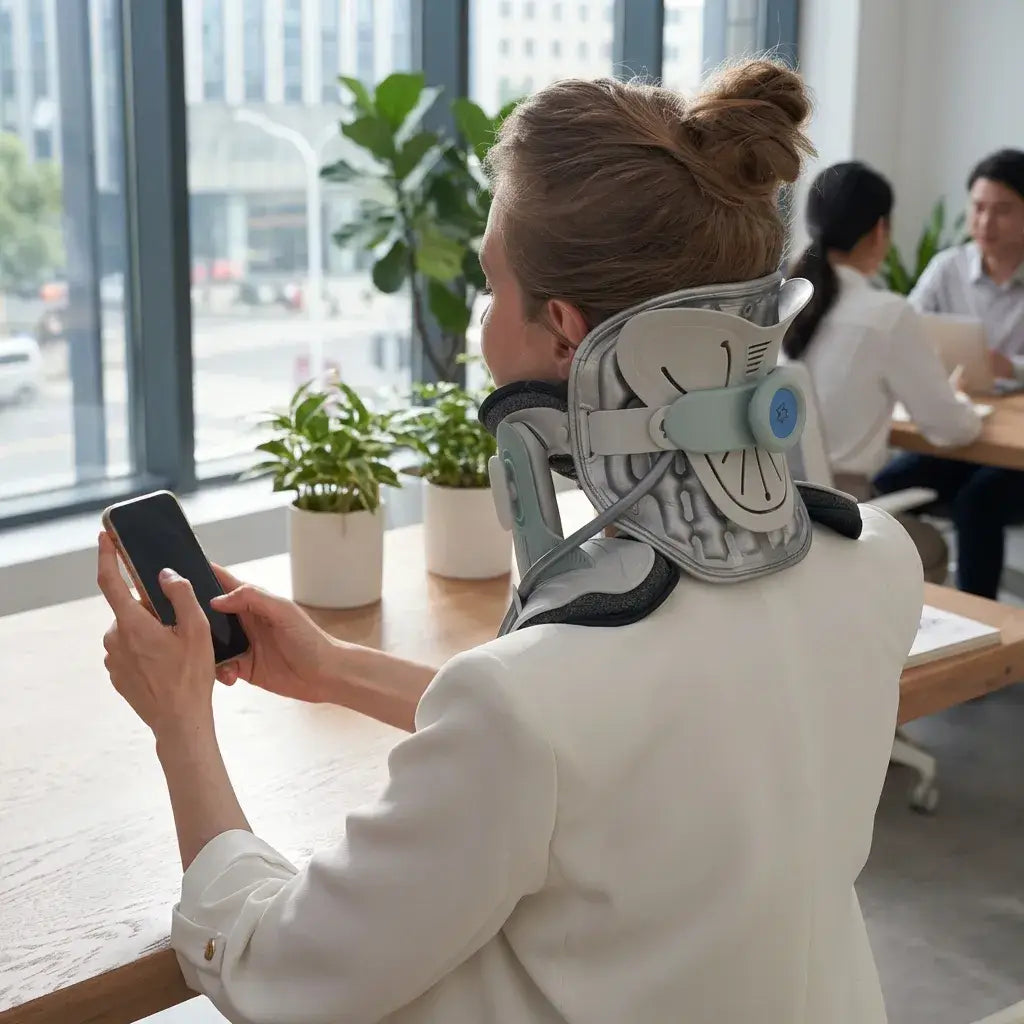 User wears Cervitrax Gen-2 for neck support while using a smartphone in a bright office setting.