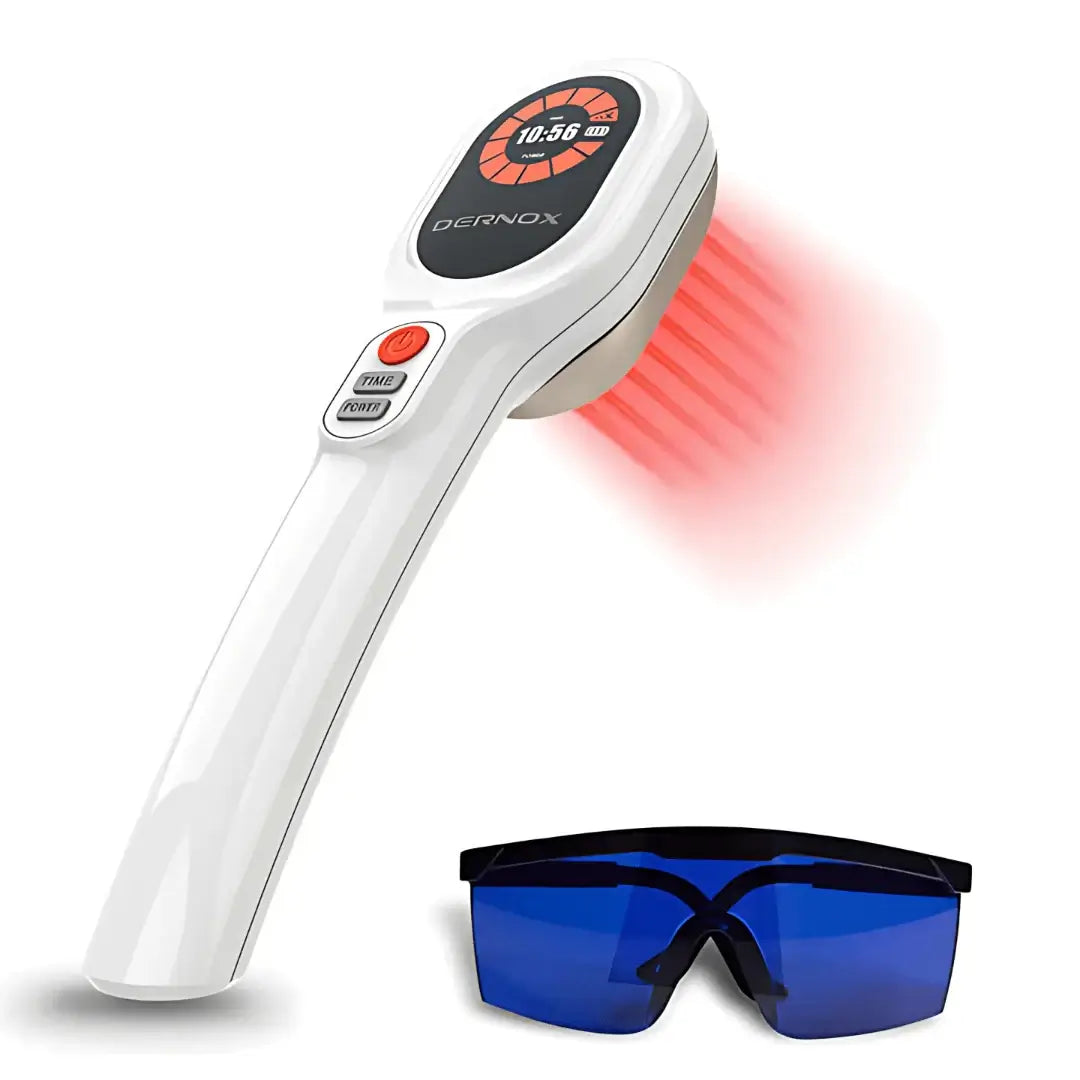 Dernox Cold Laser Wand with red light and blue safety glasses for light therapy sessions.