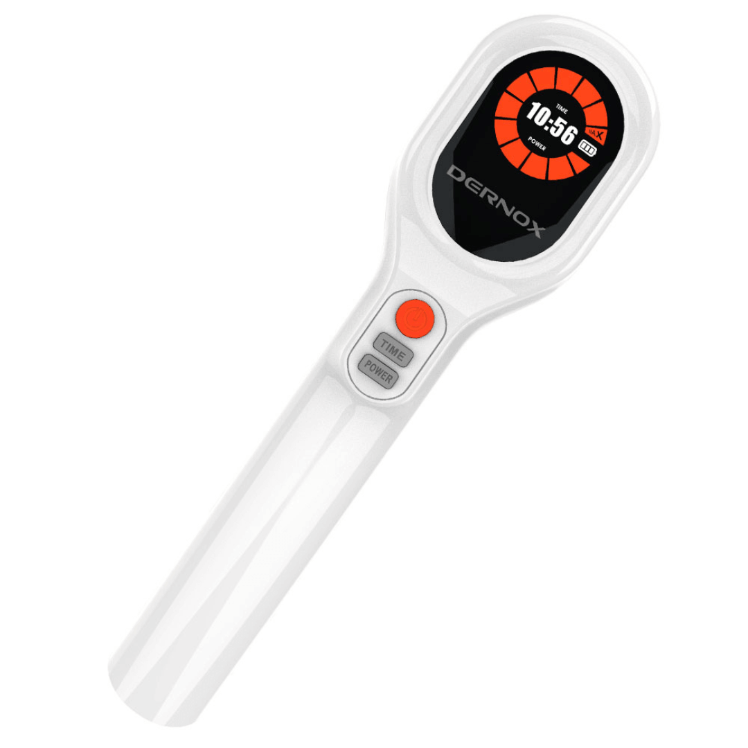Image of the Dernox Cold Laser Wand, a handheld light therapy device featuring a digital display and control buttons.