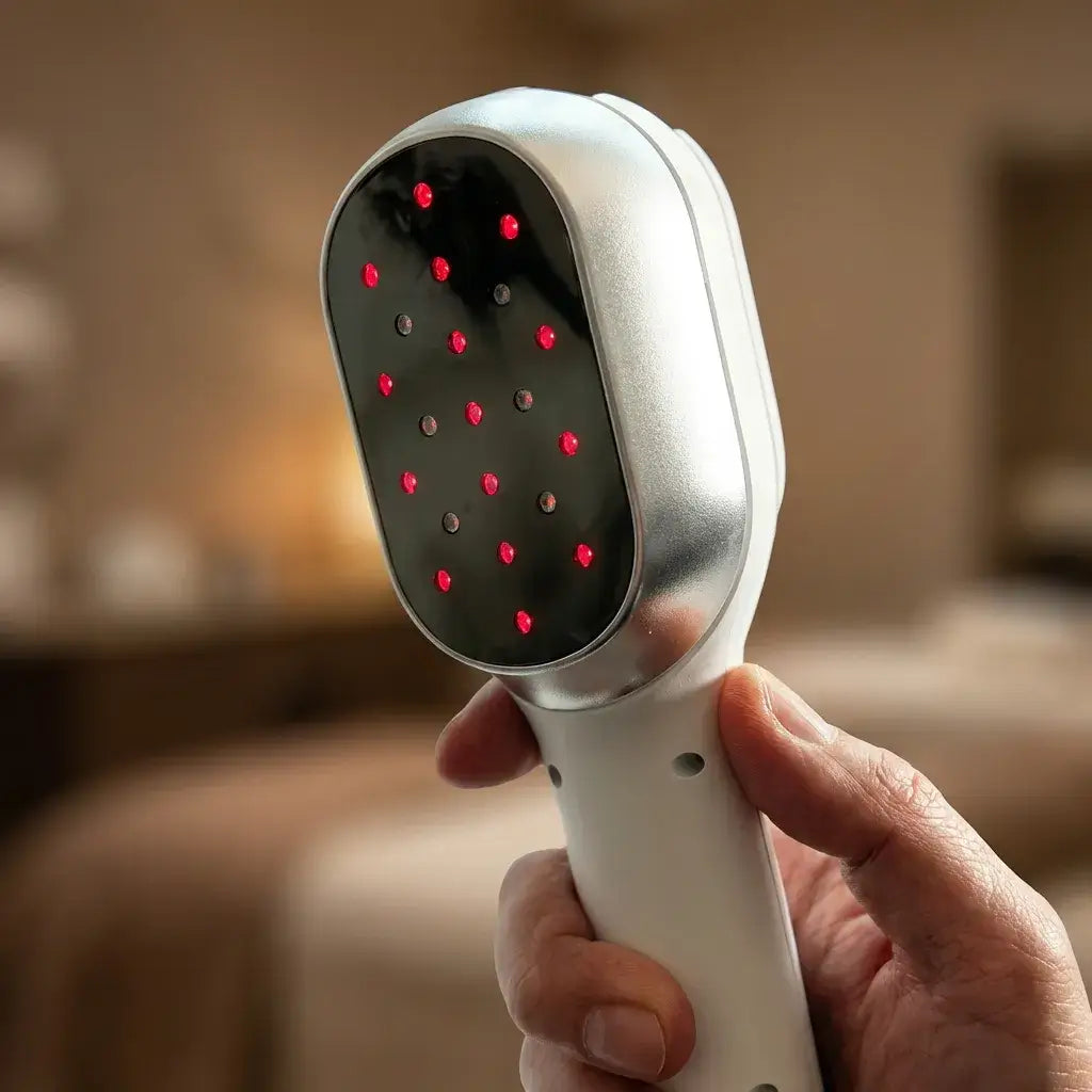 Close-up of a hand holding the Dernox Cold Laser Wand, showcasing its red light therapy features.