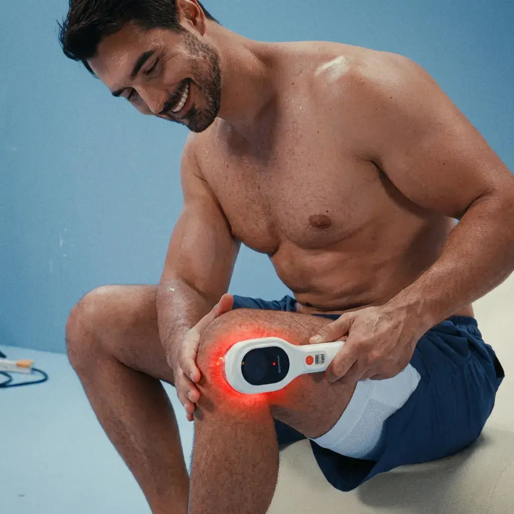 Man using Dernox Cold Laser Wand on his knee for targeted comfort during light therapy.