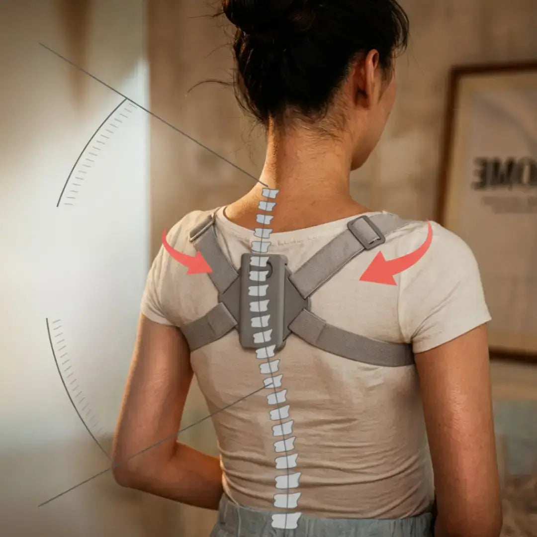 Halipax Smart Posture Trainer demonstrating posture correction with adjustable straps.