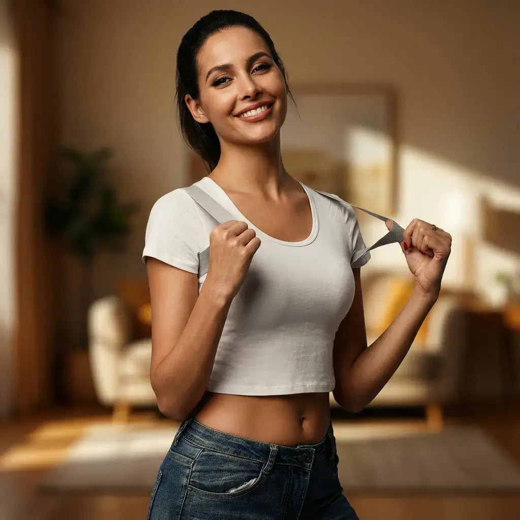 A woman smiling and demonstrating the Halipax Smart Posture Trainer in a cozy home setting.