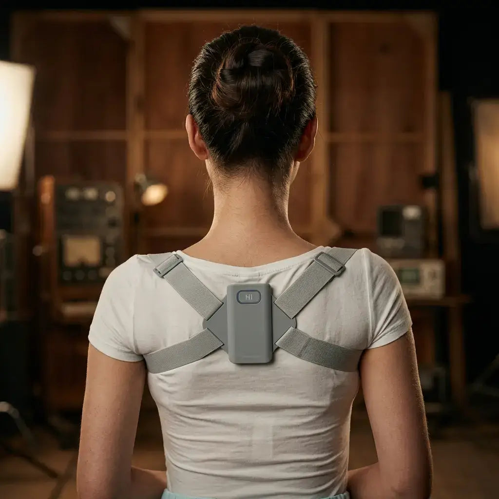 Woman wearing the Halipax Smart Posture Trainer on her back, promoting better sitting posture.