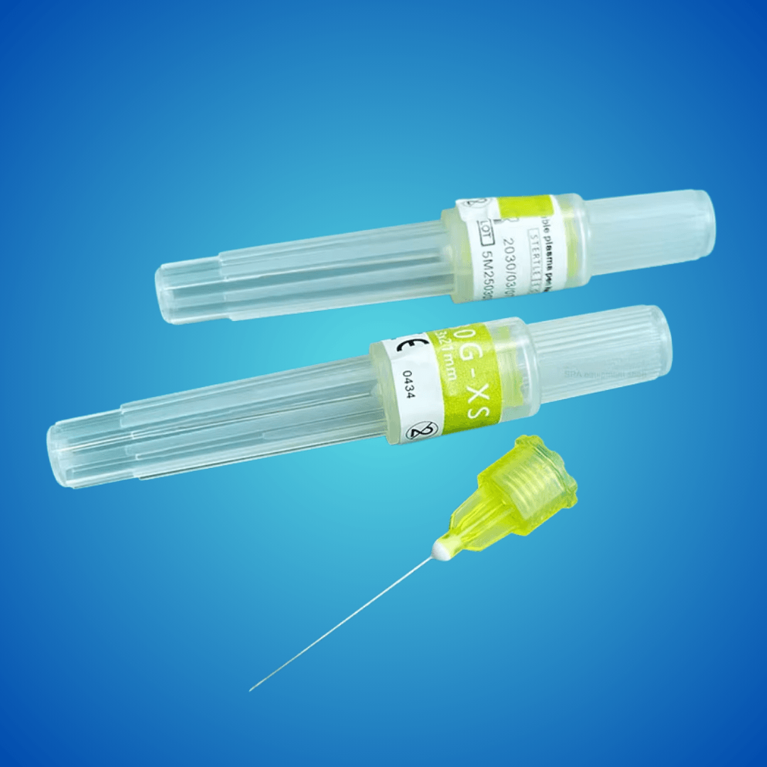 HaliPlasma Precision Tips, showing two fine copper tips in clear packaging and one tip with yellow base on a blue background.