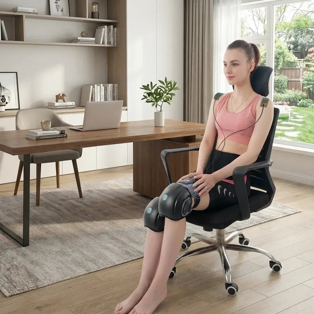 Woman using FlexiTherm Pro Knee Device for comfort and relaxation while seated at a desk.