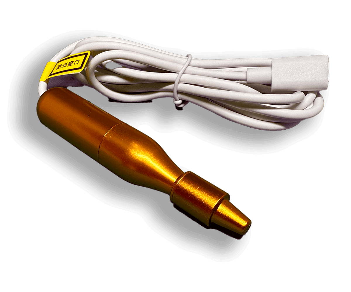 Close-up of a golden Hyper-Watch Accessories nasal light support device with a white cable.