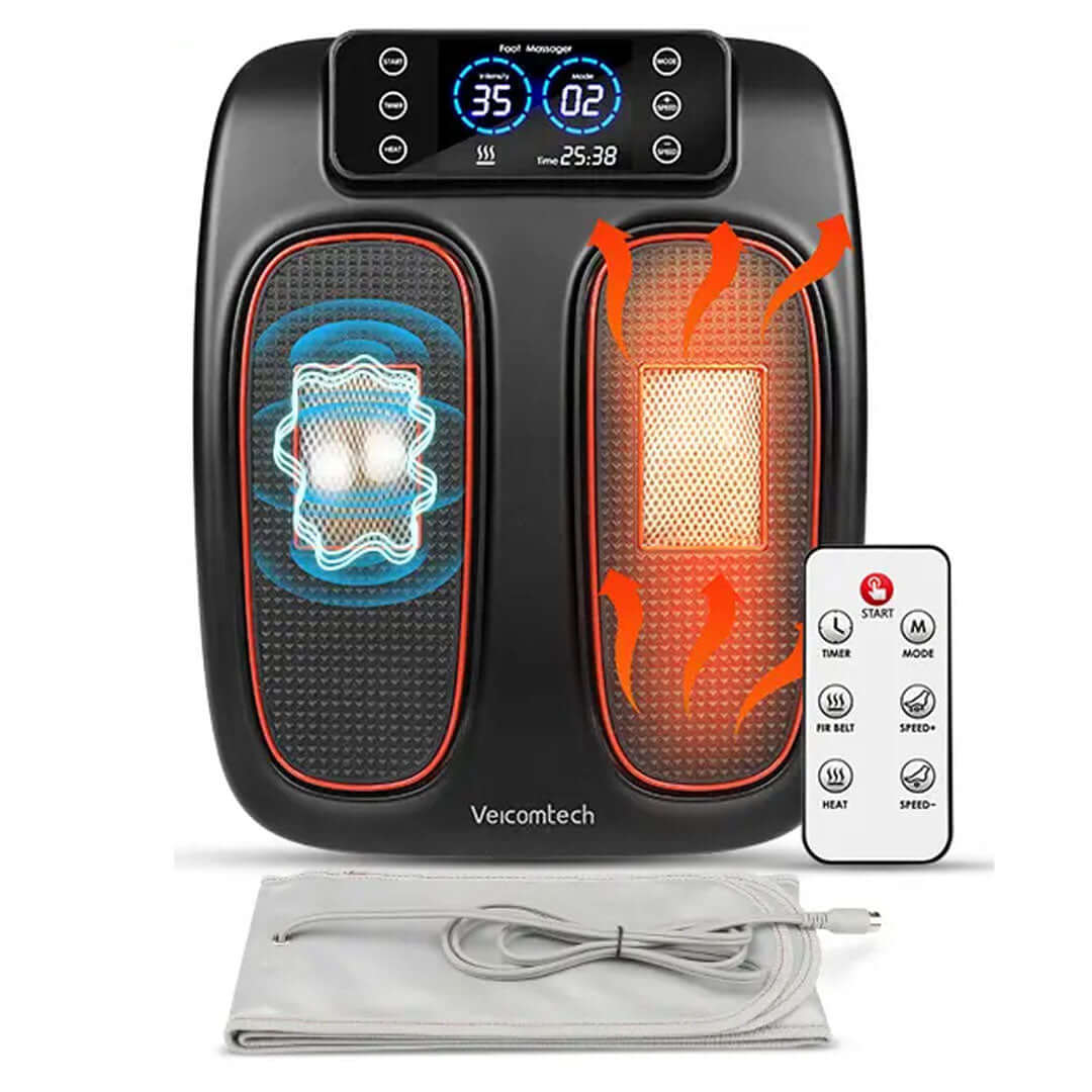 Hali-Life Foot Massager featuring massage nodes and heat settings with a remote control for ease of use.