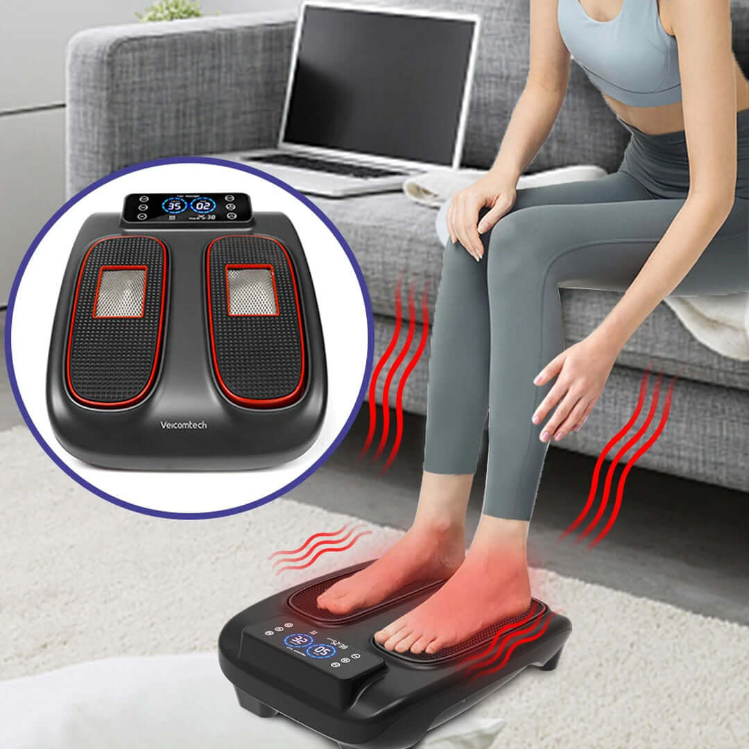Hali-Life Foot Massager in use, with user’s feet resting on the device, showing warmth and massage features.