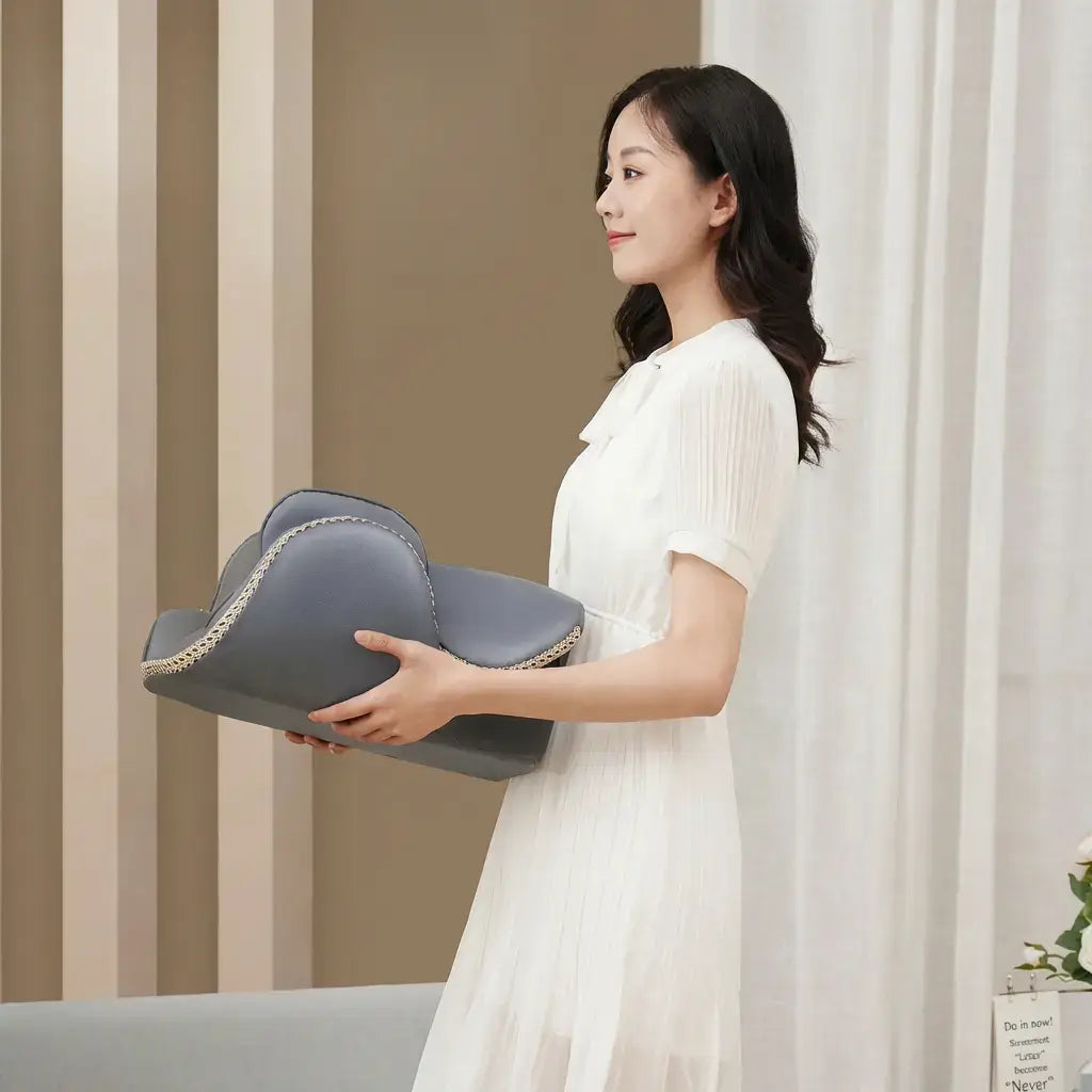 Woman holding the Hipology Massage Seat, showcasing its portable design and comfort features.