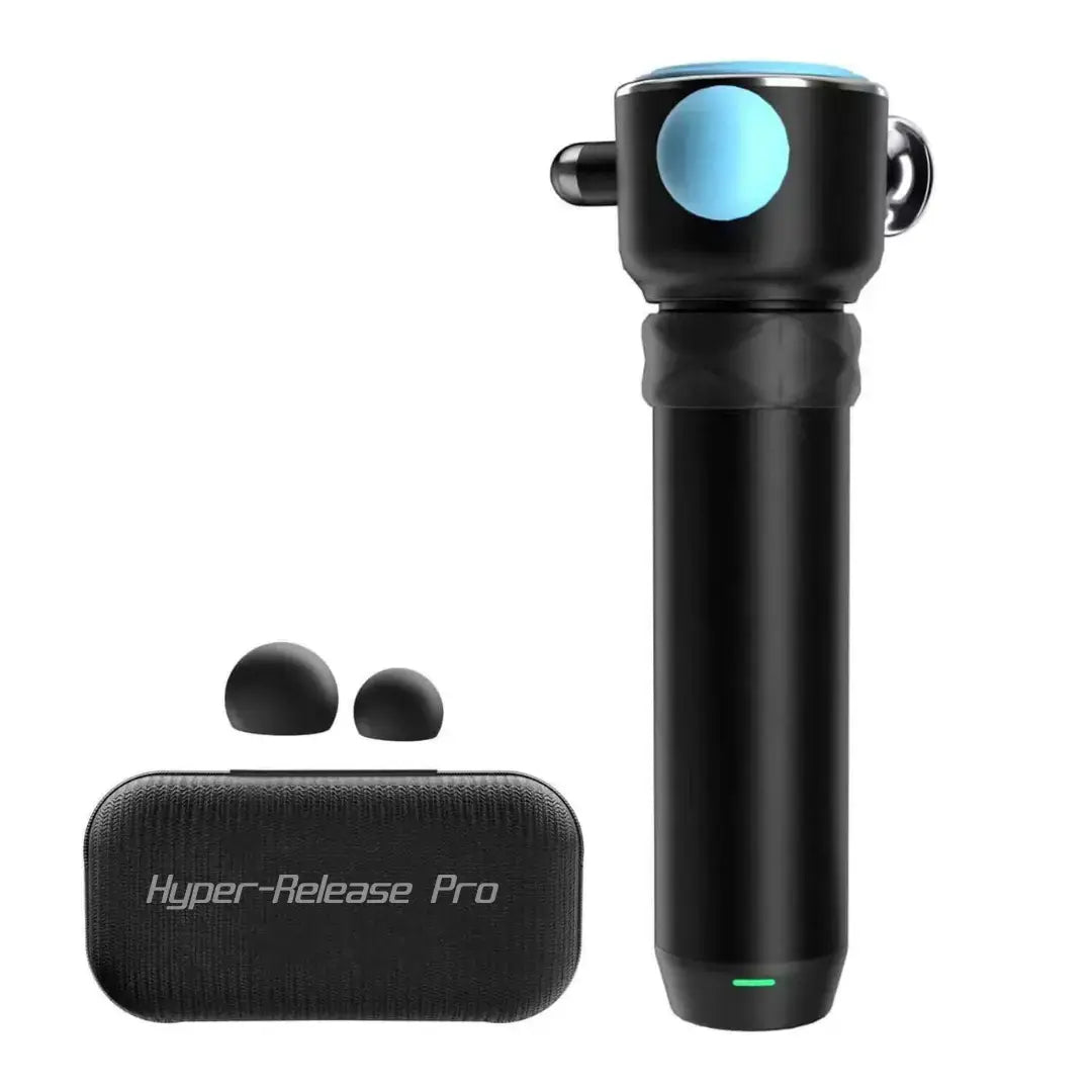 Hyper-Release Pro Massager with two attachments and a compact carrying case, showcasing the sleek design.