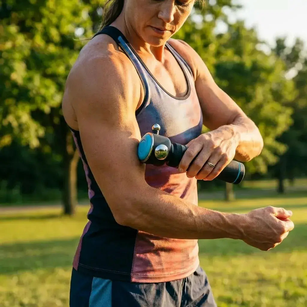 User applying the Hyper-Release Pro Massager on their arm outdoors for muscle relief.