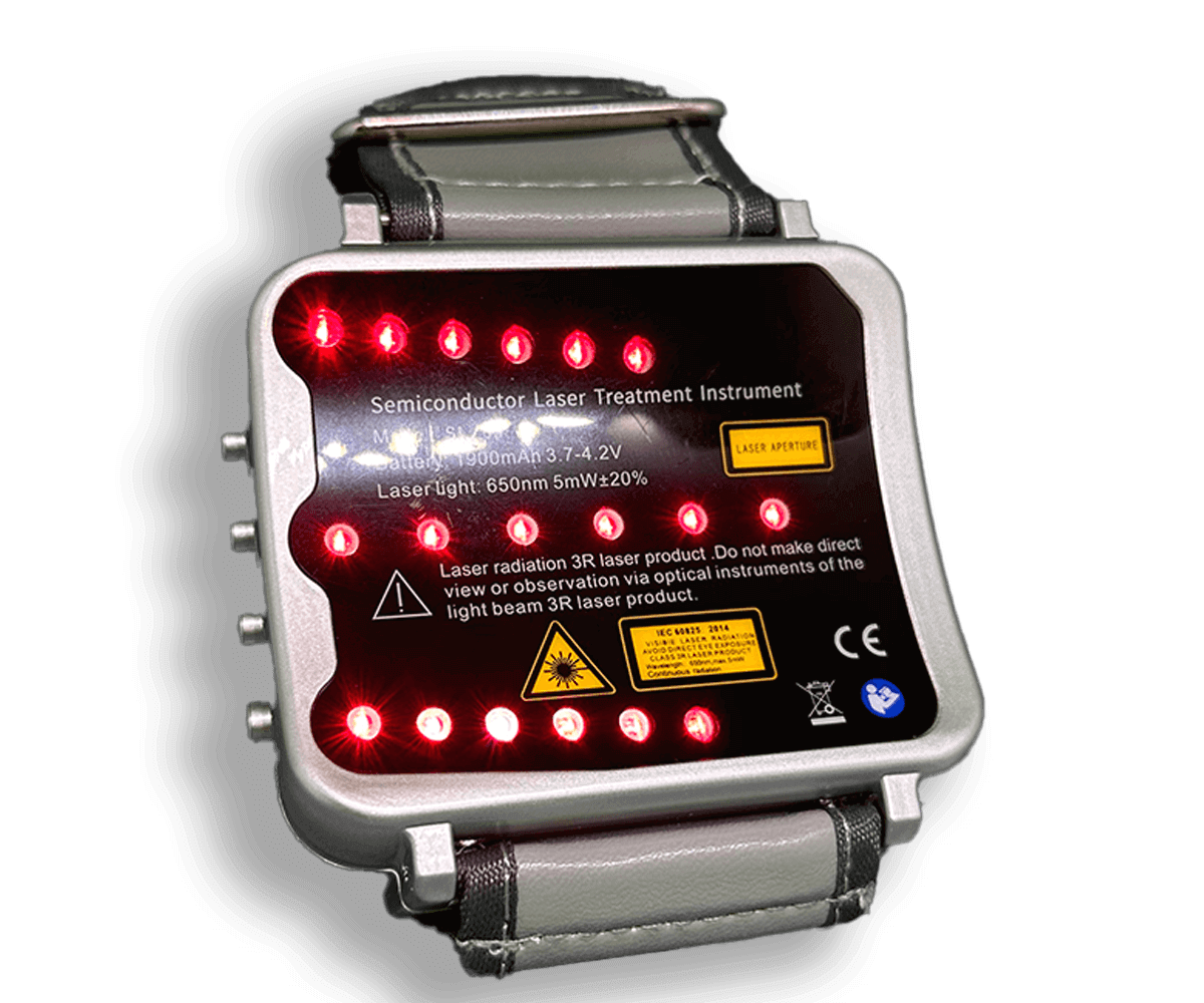 Hyper-Watch Cold Laser Device featuring red LED lights and a lightweight wrist design.
