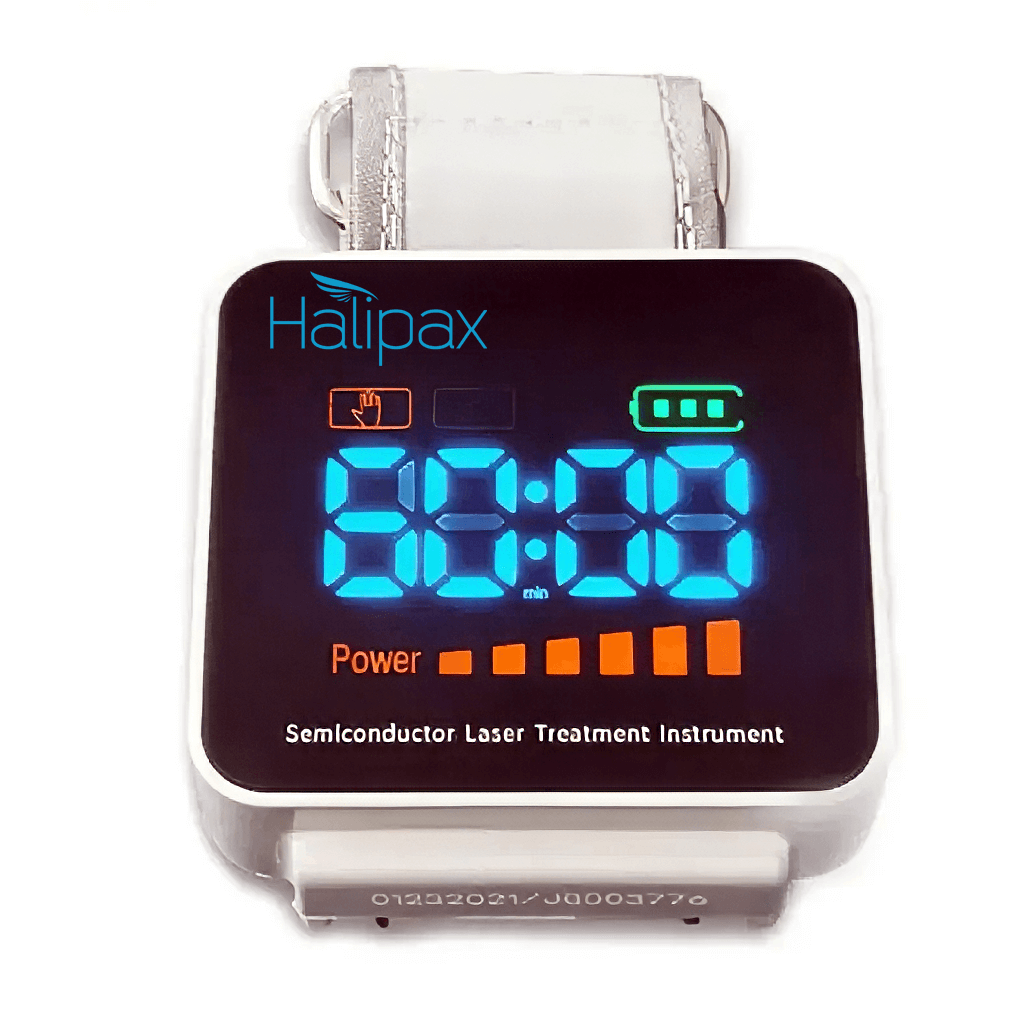 Hyper-Watch Cold Laser Device with a digital display showing the timer and power settings on a wrist strap.