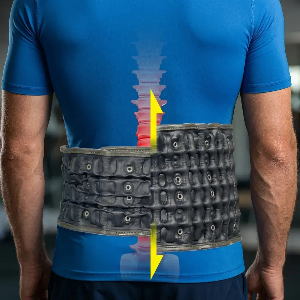 Back view of a person wearing the Hyperbelt Elite Traction Belt, showing its supportive design and spinal alignment.